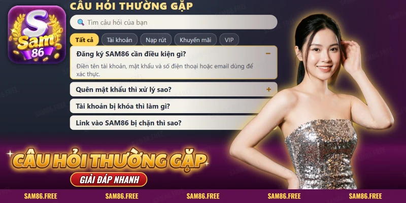 Câu hỏi thường gặp SAM86 có ô tìm kiếm, nhóm chủ đề và các câu hỏi